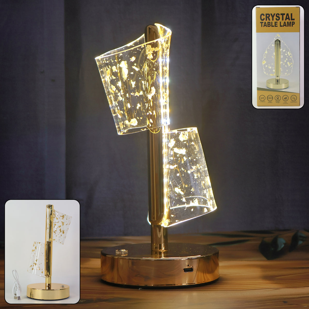 Luxury Golden Crystal Led Double Shade Table Lamp (1 Pc) | Modern USB Charging Decorative Lamp | Bedside & Living Room Accent Light