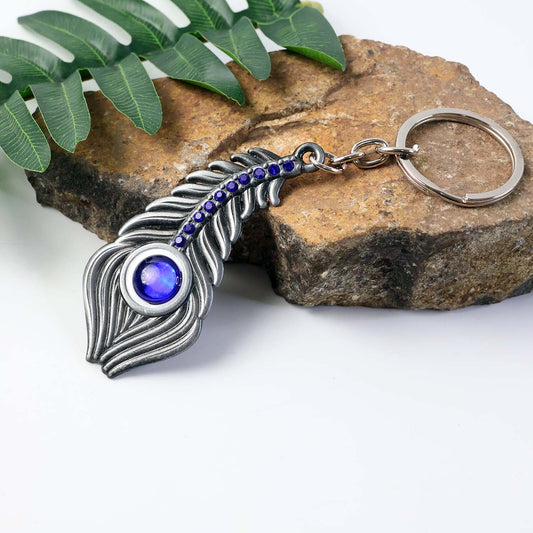 Elegant Metal Peacock Feather Keychain – Stylish Silver-Toned Key Ring with Blue Gem Design for Car, Bike, Home and Office Keys (1 Pc)