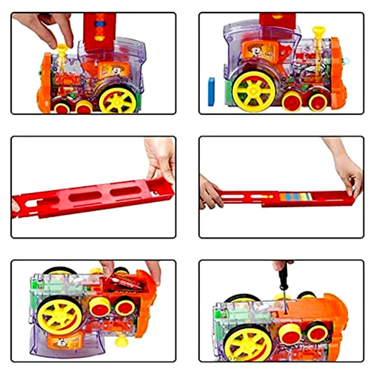 Automatic Domino Train Toy Set with 60 Colorful Blocks Music Lights Transparent Engine for Kids Age 3 Plus (Batteries Not Included)