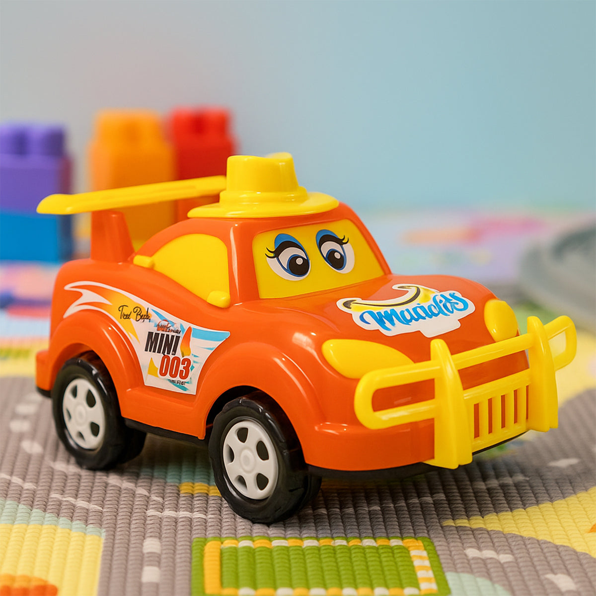 Funwoods Friction-powered Cartoon Racing Car Toy - (1 Pc) Free-Run Push & Go | Big Wheels, Sturdy Bumper & Expressive Face | Battery-Free
