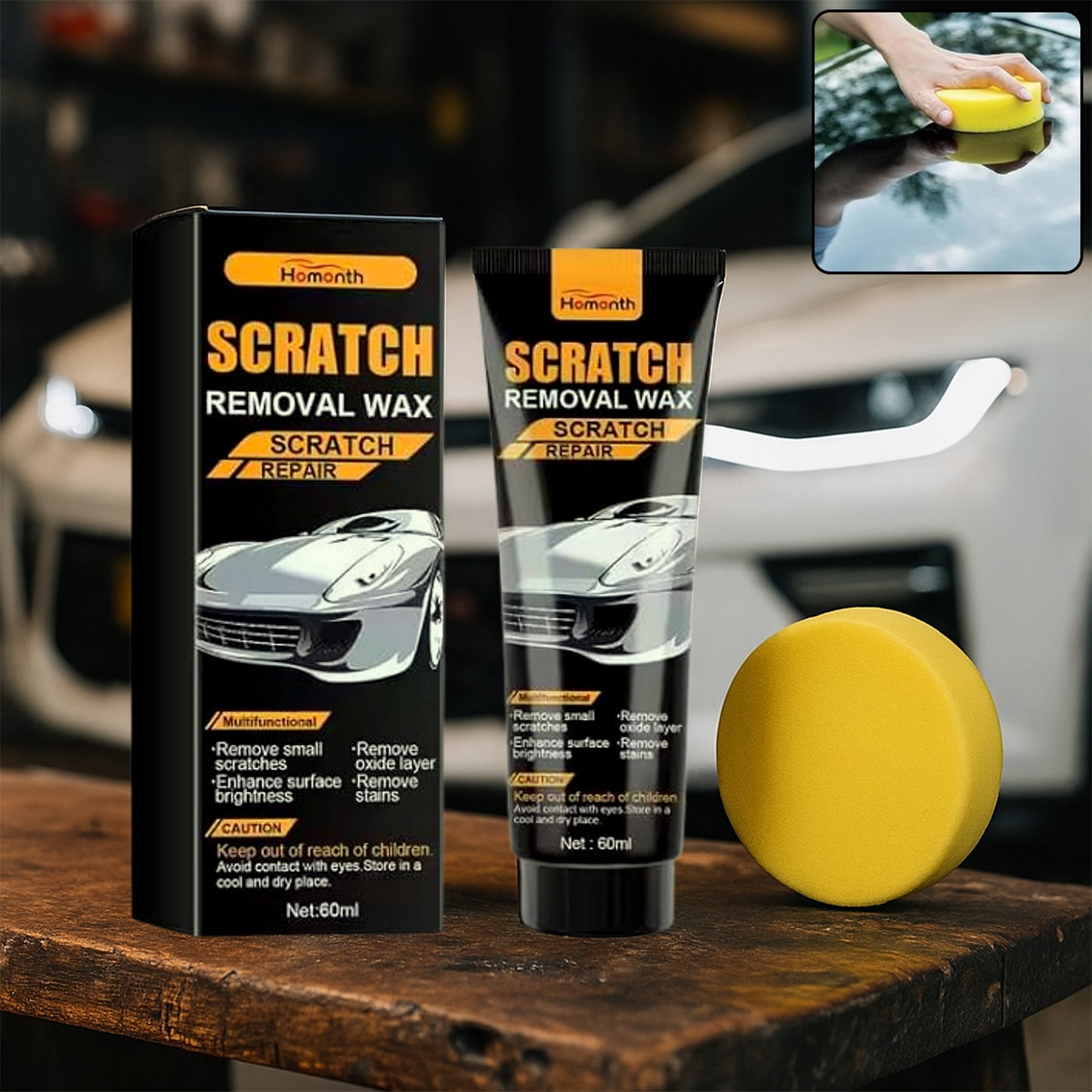 Car Scratch Removal Wax, 60 ml Scratch Repair and Surface Restorer with Sponge Applicator for Removing Scratches, Stains and Oxidation (1 Set)