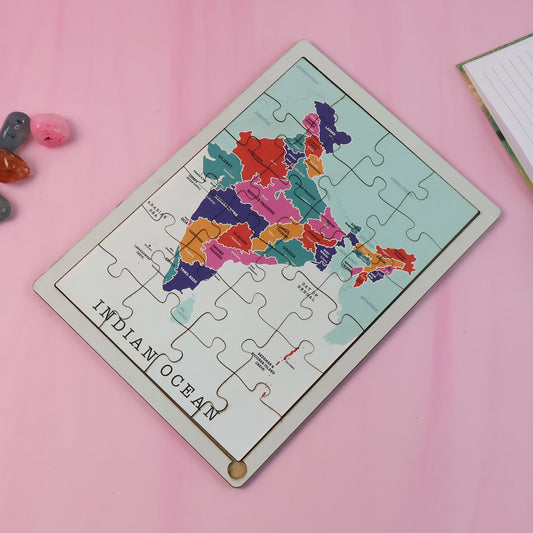 Wooden India Map Puzzle - (1 Set) States & Union Territories Labeled Learning Tray | Colourful Geography Teaching Toy | Safe & Durable