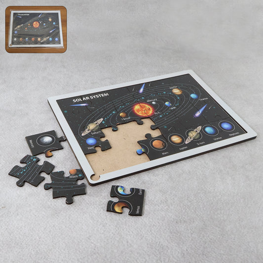 Wooden Solar System Puzzle For Kids - (1 Set) Labeled Planets Learning Tray | STEM Space Teaching Toy | Durable & Safe