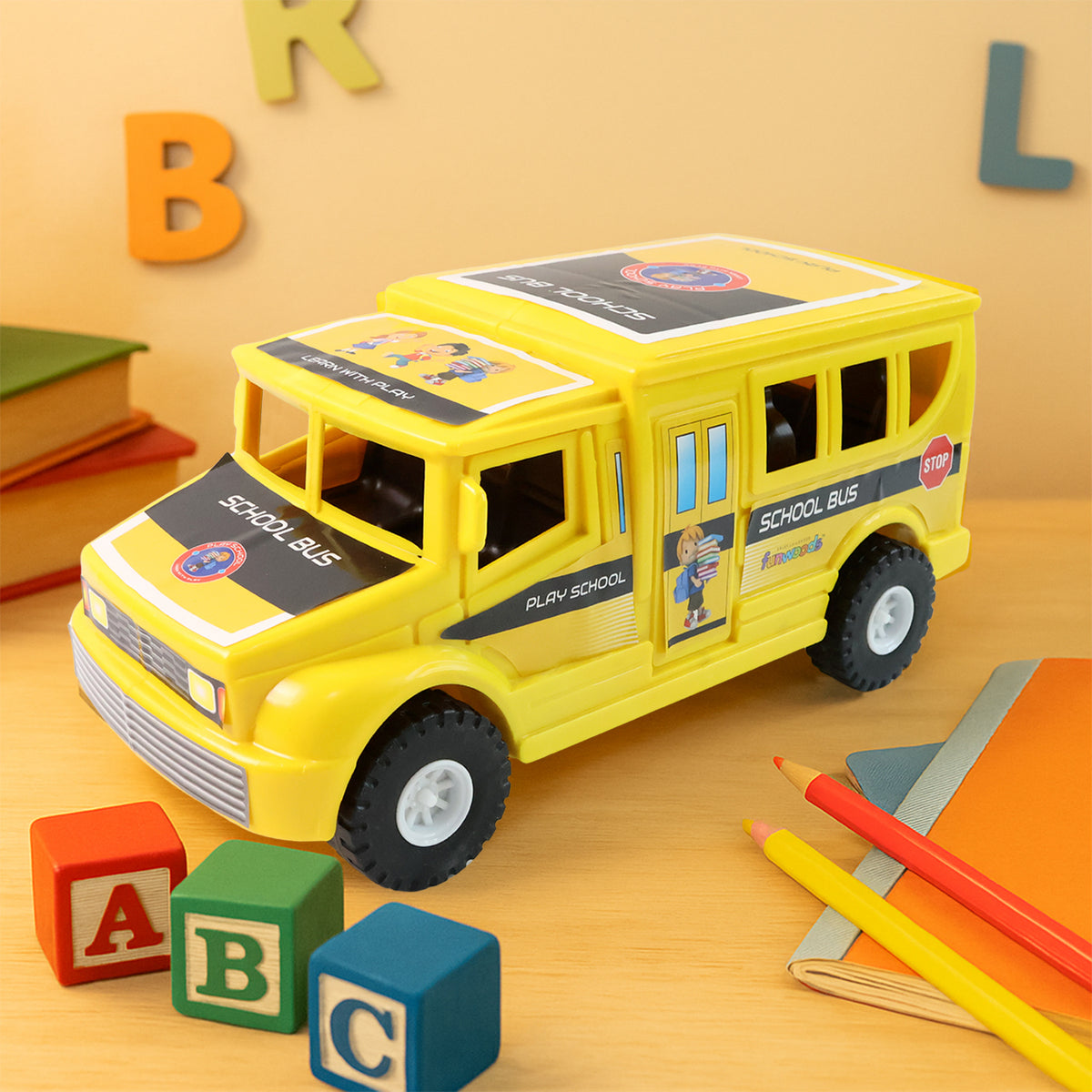 Funwoods Friction-powered School Bus Toy - 1 Pc | Large Push-and-Go Vehicle with Sturdy Wheels, Bright Graphics & Safe Rounded Edges