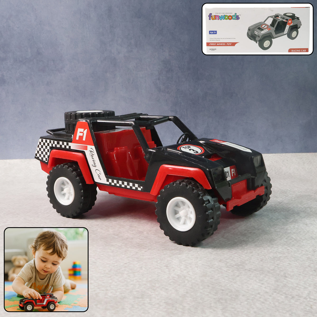 Funwoods Free-wheel Racing Jeep Toy Car - 1 Pc | Sturdy Wide-Tyre Push & Go Vehicle | Smooth Rolling | Open-Cabin Adventure Design