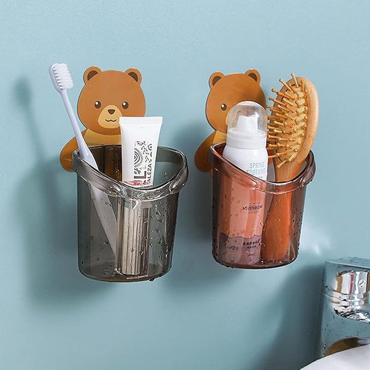 Cute Teddy Bear Toothbrush Holder for Kids – Wall-Mounted Bathroom Organizer Cup (3 Pc Set)