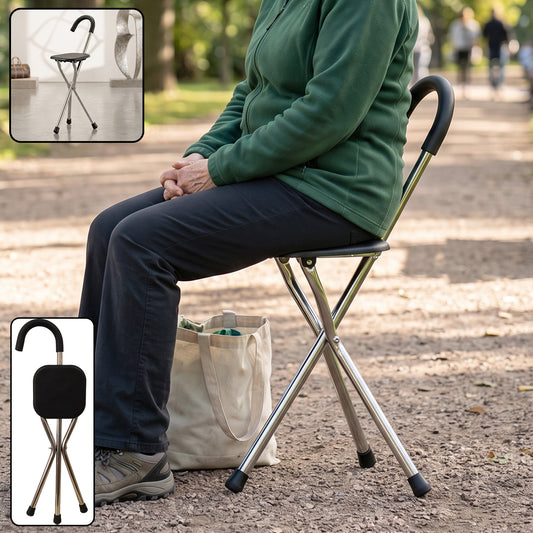 Folding Walking Stick with Seat 3 Legged Portable Cane Stool Chair Lightweight Tripod Walking Support for Elderly Travel Outdoor Use (1 Pc)