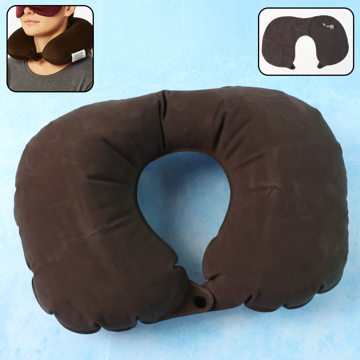 Inflatable U-shaped Travel Neck Pillow (1 Pc) Soft Flocked Surface | Front Snap Closure | Compact Air Cushion for Flight, Car & Office Naps