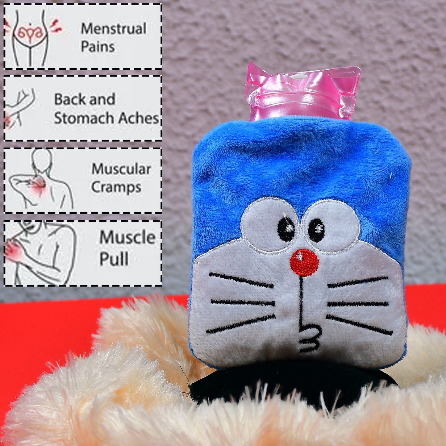 Doraemon Small Hot Water Bag with Soft Cover – Portable Natural Rubber Heat Therapy Bottle for Pain Relief, Menstrual Cramps, Neck, Shoulder, Back and Hand Warmer