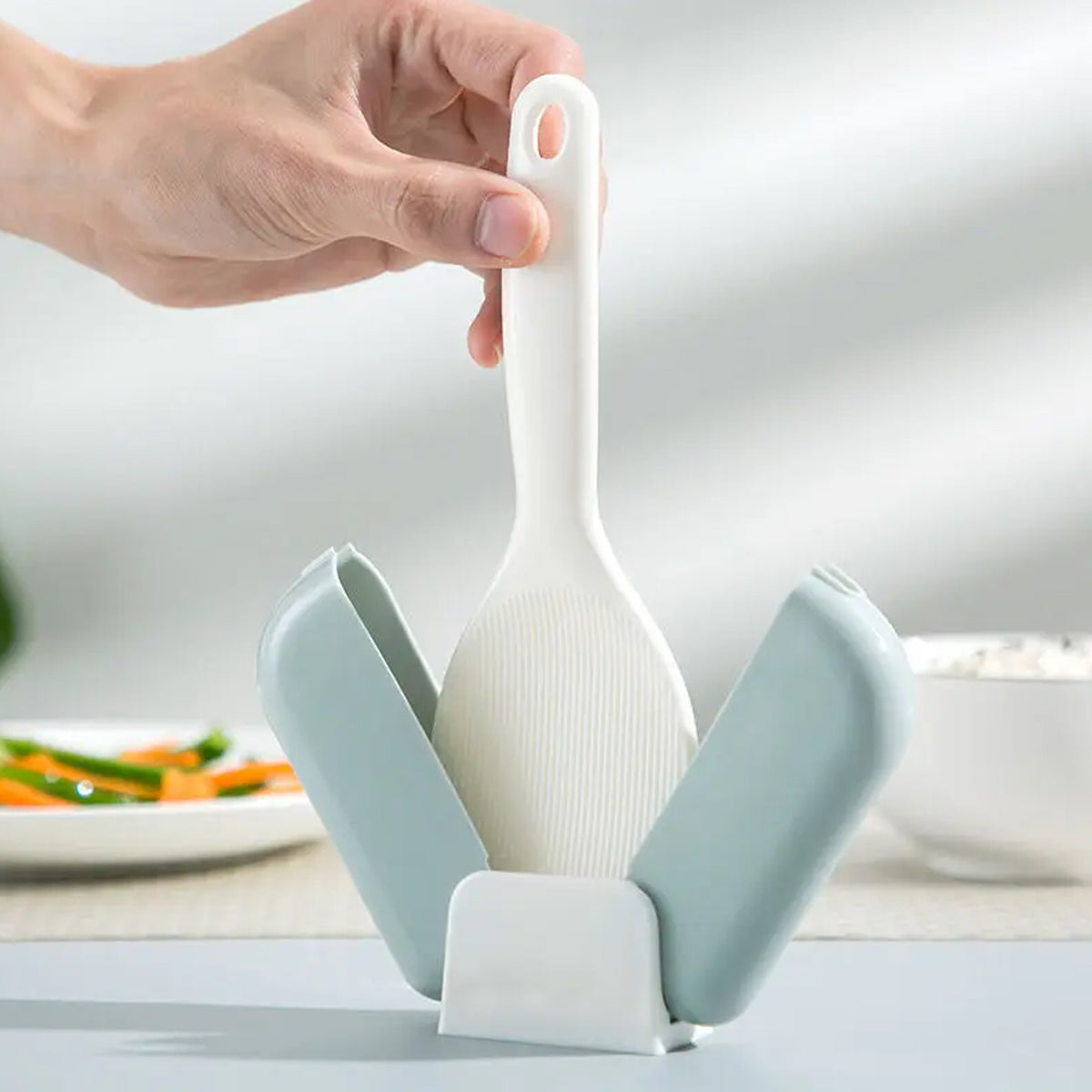 Automatic Open & Close Kitchen Rice Spoon Holder With Dust Cover | Hygienic Spoon Storage Box | Smart Lid Mechanism | Countertop Organizer