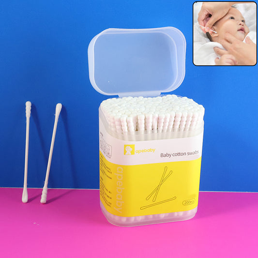 Premium Ultra-Soft Baby Cotton Swabs 200 Pc – Double-Tip Safety Design for Gentle Ear, Nose & Skin Cleaning | Baby-Safe Daily Care Box