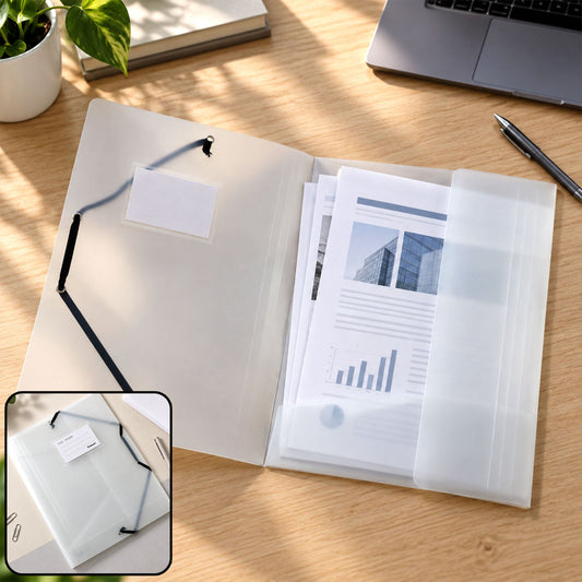 Transparent Plastic Document File Folder with Elastic Band Closure, Frosted Paper Organizer with Interior Pockets and Label Card Document Storage