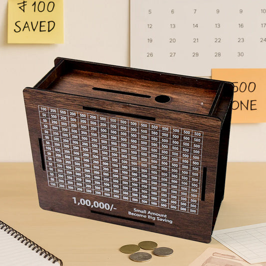 Big Wooden Savings Challenge Money Bank/ Piggy Bank - (1 Pc) Motivational Piggy Bank with Tick-Off Tracker Grid & Transparent Display