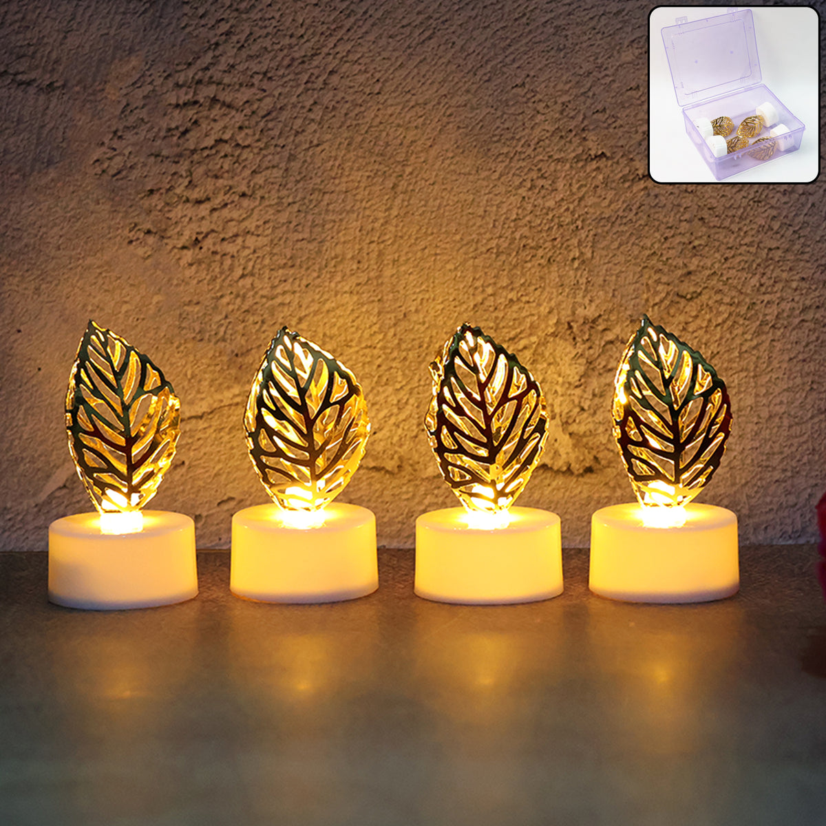 Decorative Golden Leaf Shaped Flameless Led Candles (4 Pc) Elegant Flickering Light for Home Décor, Festivals, Weddings, Parties & Religious Celebrations