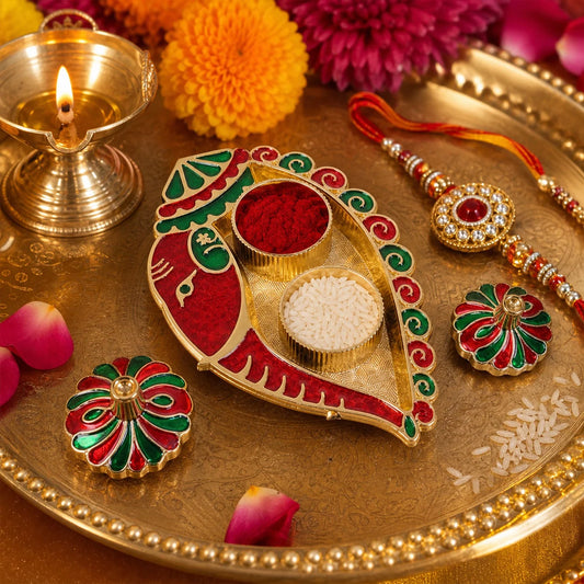 Leaf Shaped Kankavati Kumkum Holder, Decorative Golden Roli Chawal Box with Lidded Containers for Puja, Tilak, Home Temple and Festive Rituals (1 Pc)