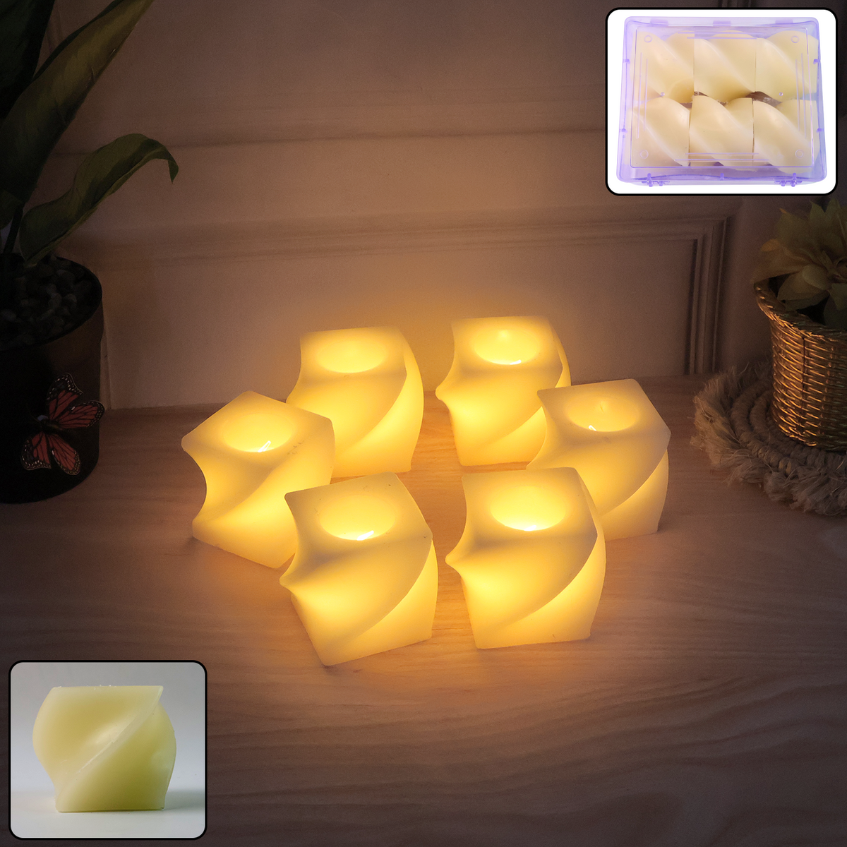 Set Of 6 Led Flameless Decorative Candles - Square Shape Tealight Lamps | Safe, Smokeless & Elegant Lighting for Home Décor, Pooja, Weddings & Festive Celebrations