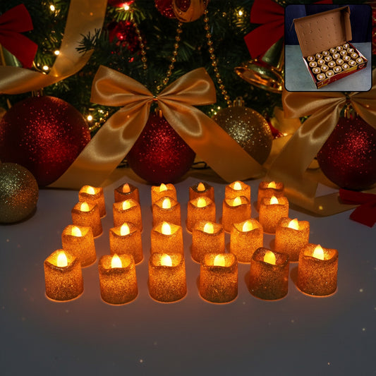 Premium Glitter LED Tealight Candles – Flameless Decorative Lights for Home, Festivals, Parties & Events | Safe, Long-Lasting Battery-Operated Diyas (24 Pc Set)