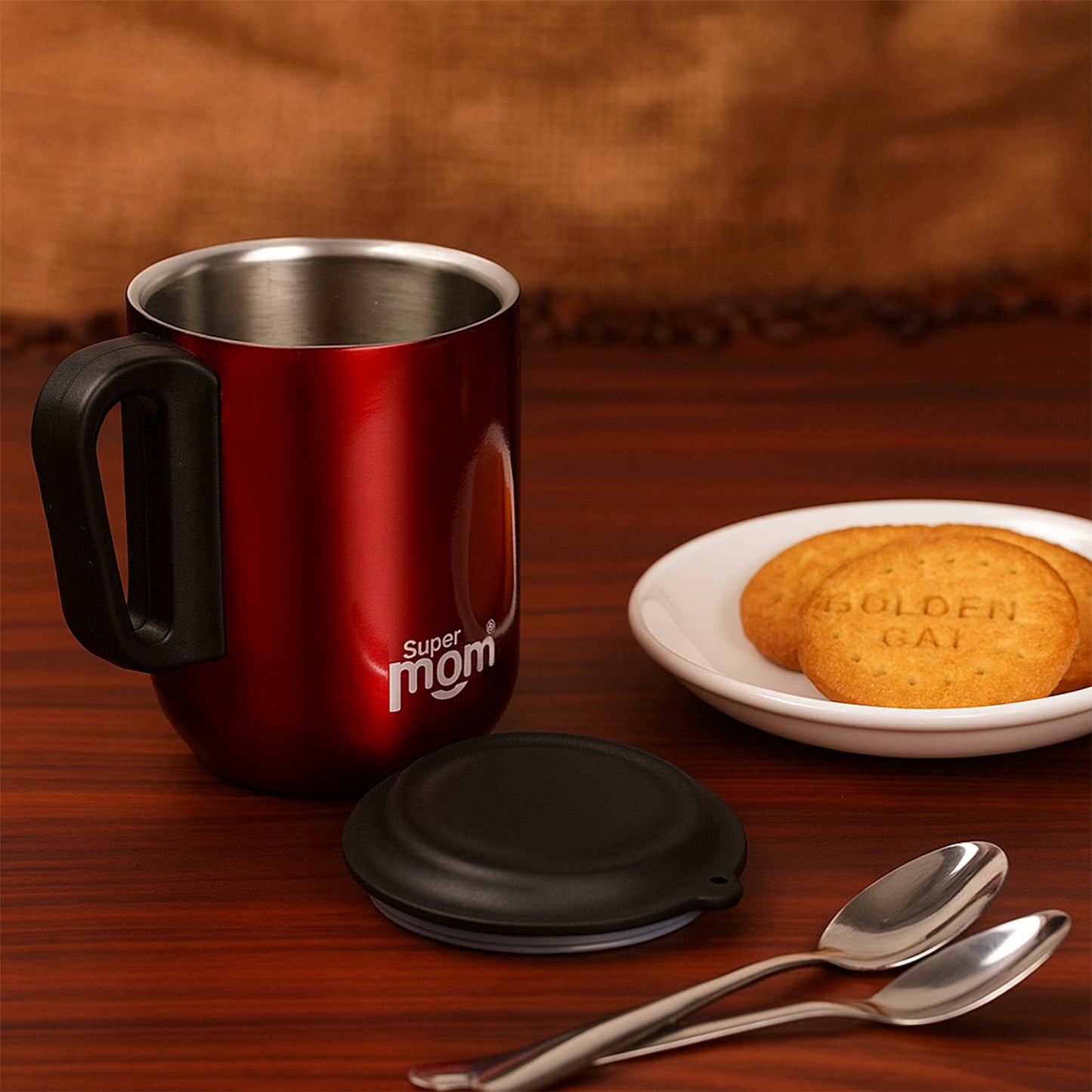 Stainless Steel Metallic Coffee Mug with Handle and Lid | Insulated Single Wall Steel Cup for Hot n Cold Beverages | Elegant Red Finish 300ML | 1 Pc