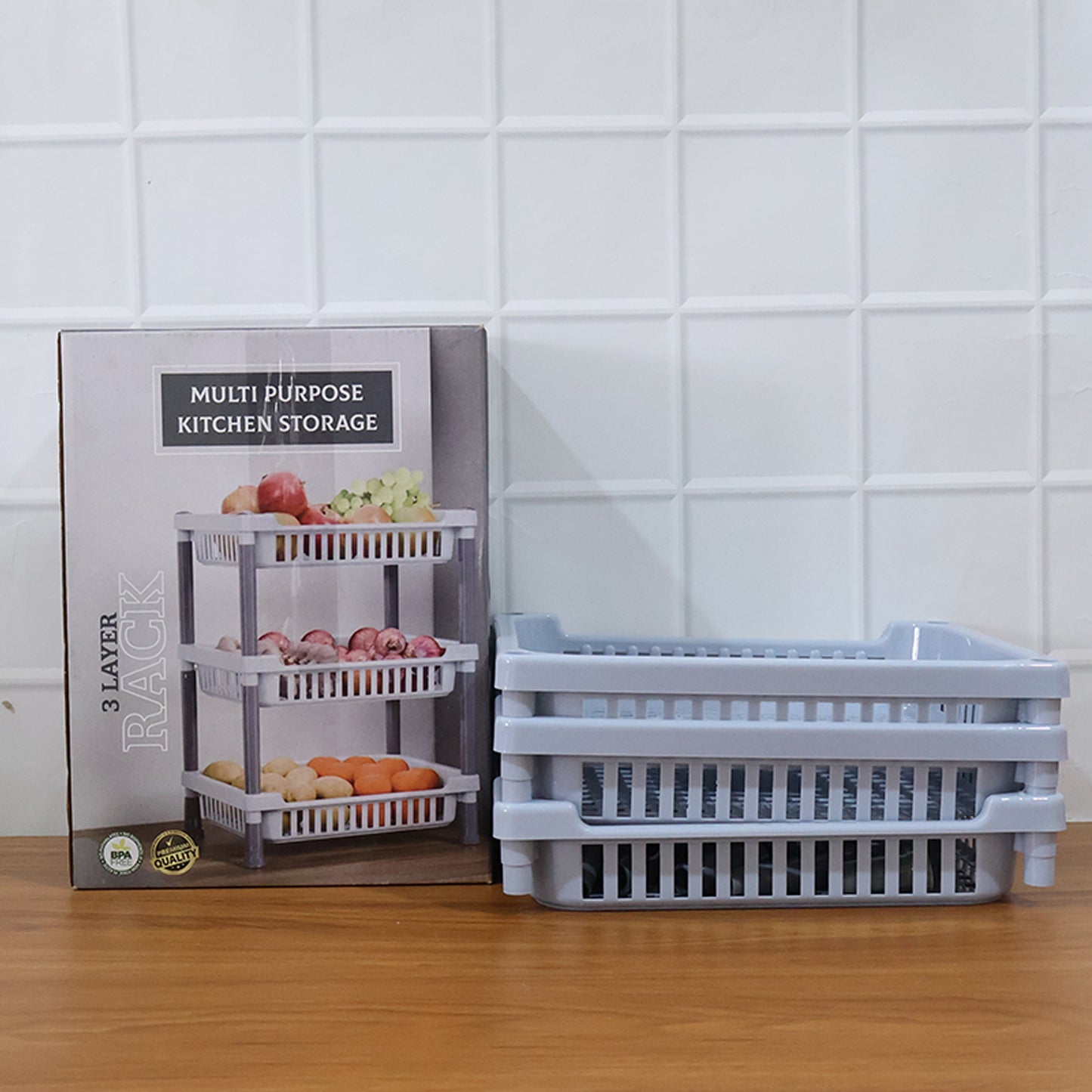 3 Layer Multipurpose Kitchen Storage Basket Rack Ventilated Plastic Organizer Stand for Fruits Vegetables Snacks Pantry Bathroom and Home Storage (1 Pc)