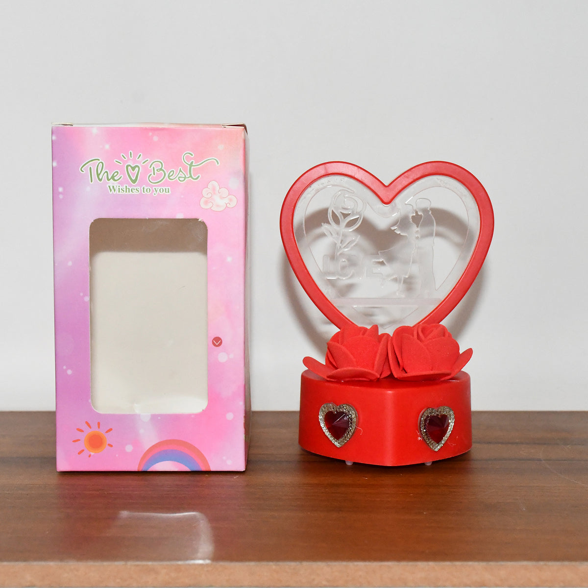 Heart-shaped Love Couple Decorative Showpiece with Red Rose Base & Crystal Heart Embellishments | Gift-Ready | 1 Pc (Battery Not Included)
