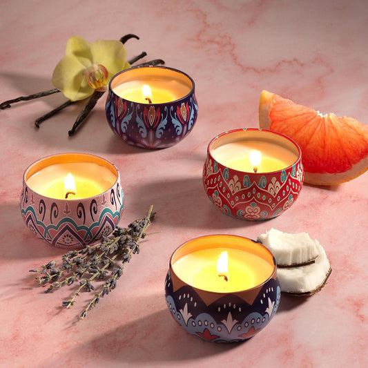 Premium Decorative Mandala Printed Metal Candle Container – Reusable Tin Jars with Lid (Pack of 4)