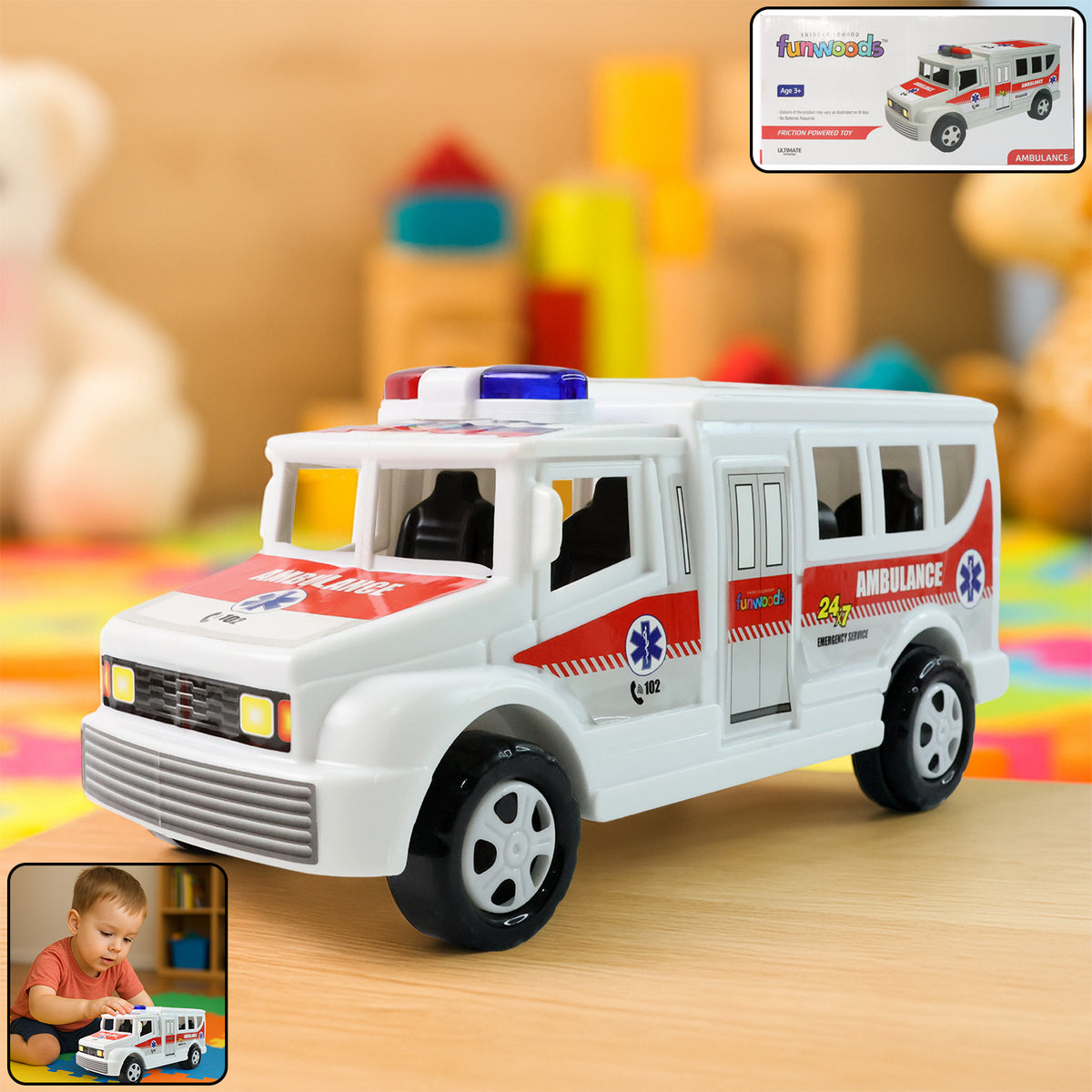 Funwoods Friction Powered Ambulance Toy For Kids (1 Pc) Realistic 24x7 Emergency Rescue Vehicle | Smooth Wheels & Durable Body | Age 3+