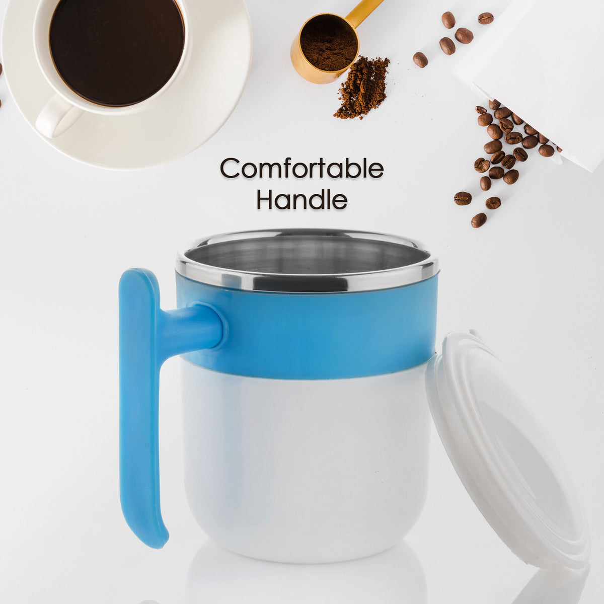 Double Wall Stainless Steel Insulated Hot Coffee/Tea Mug | Spill-Proof Lid with Silicone Seal | Easy-Carry Handle – 1 Pc
