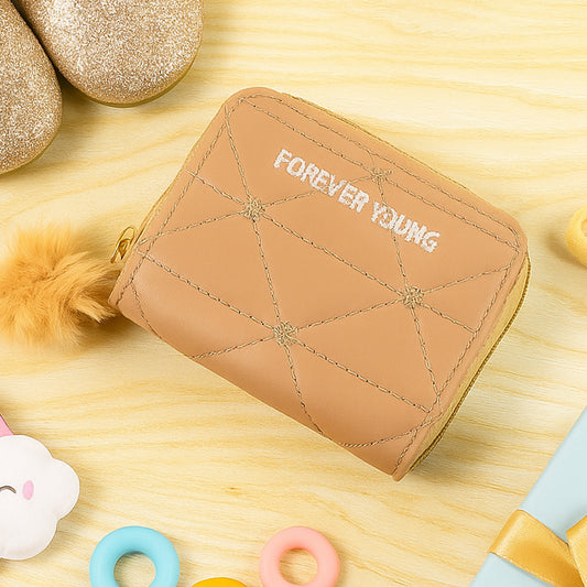 Stylish Kids Wallet with Soft Fur Zip Puller – Compact Zip Closure Purse for Girls, Daily Use, School & Gift Accessories (Forever Young Design) (1 Pc)