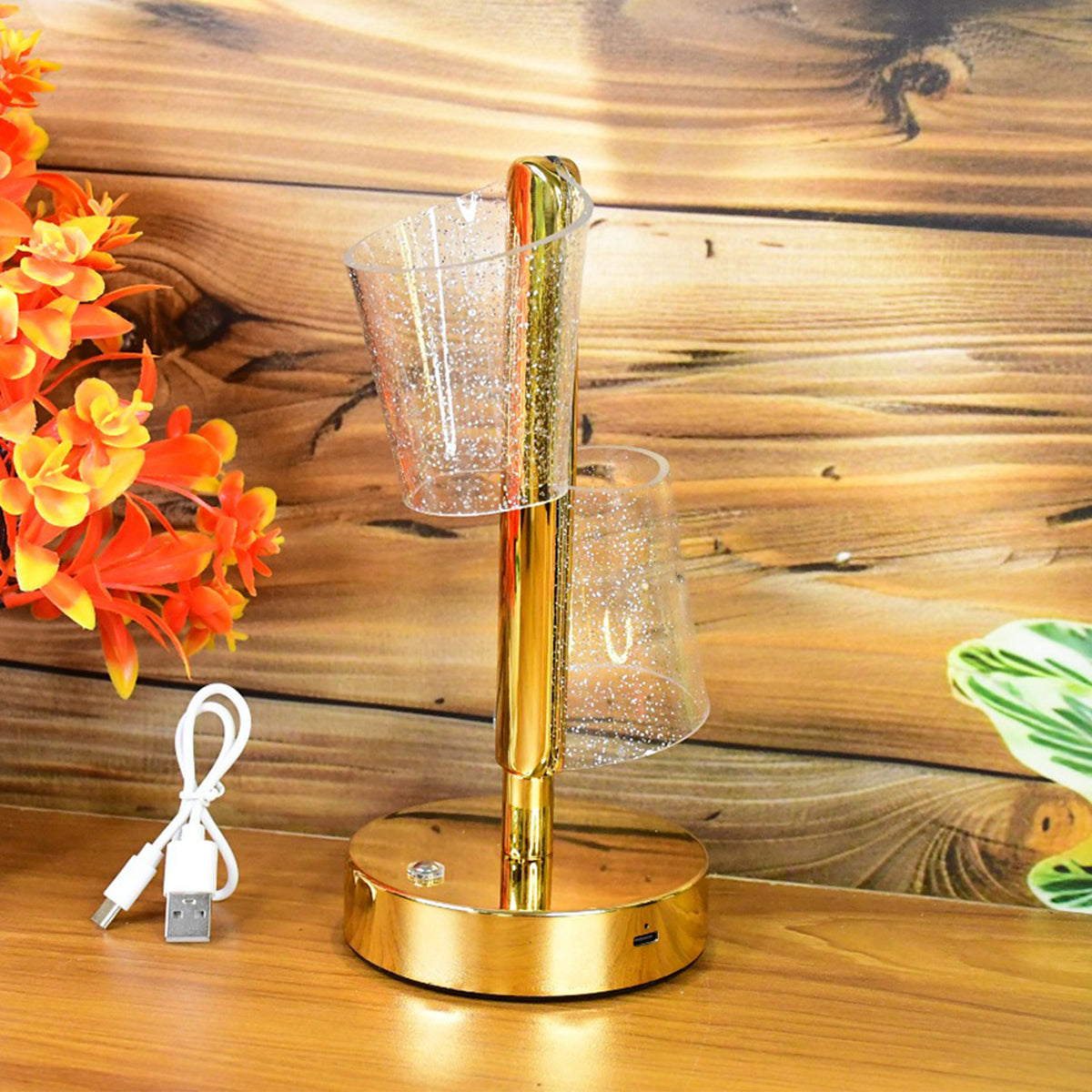 Modern Luxury Crystal Led Double Shade Table Lamp (1 Pc) | Golden Base Decorative Lighting | Bedroom, Living Room & Festive Décor