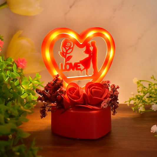 Romantic Heart-shaped Love Couple Decorative Showpiece (1 Pc) with Rose Base & Warm LED Light | Tabletop Gift for Home Décor (Battery Not Included)