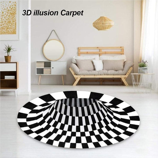 3D Optical Illusion Round Floor Rug / Doormat 60 Cm | Anti-Skid Soft Round Rug with Black & White Checkered Vortex Pattern for Living Room, Bedroom, Entryway & Office Décor (1 Pc)