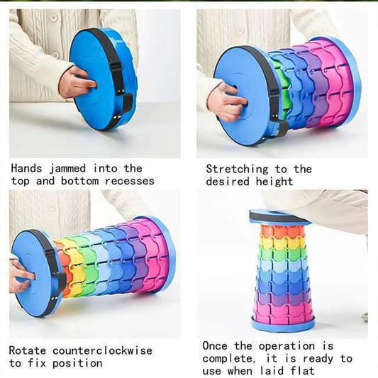 Portable Telescopic Folding Stool – Adjustable Height Collapsible Travel Chair with Carry Strap for Camping, Picnic, Fishing, Outdoor and Home Use (Rainbow Design)