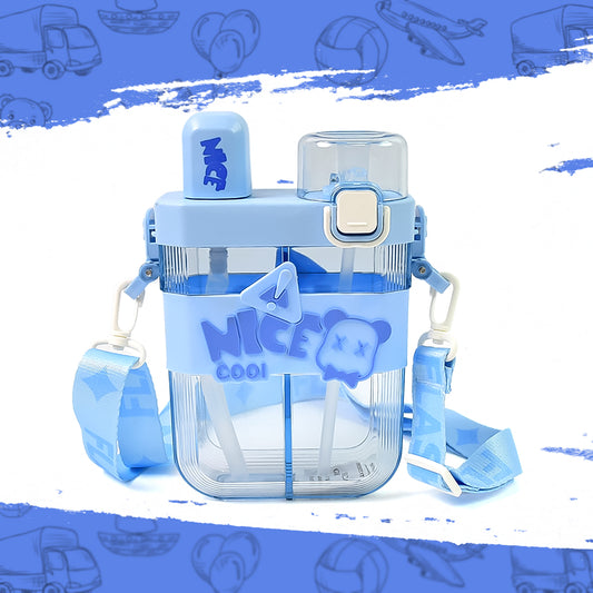 2 in 1 Dual Compartment Water Bottle With Straw (1 Pc, 650ml) | Two-Way Drinking | Double Straw | Adjustable Shoulder Straps | Leak-Proof School Bottle