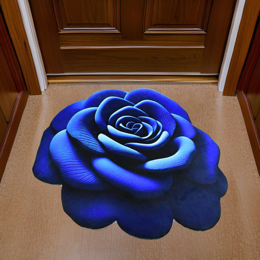 Luxury 3D Blue Rose Shaped Anti-Slip Velvet Floor Mat/ Doormat – Soft Touch Decorative Rug for Living Room, Bedroom & Entrance