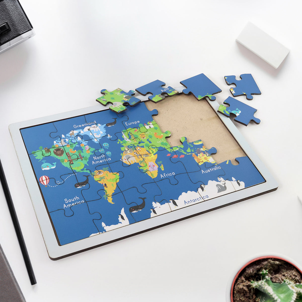 Educational Wooden World Map Puzzle For Kids - (1 Set) Colorful Geography Learning Toy with Continent Names & Animal Illustrations | Durable & Safe