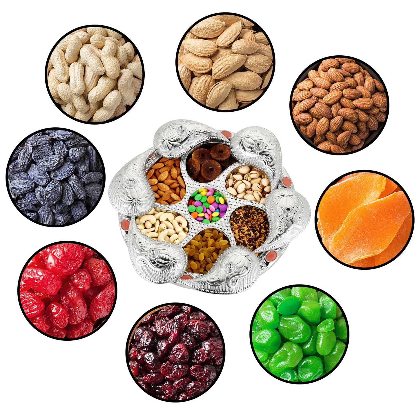 Multipurpose 7 Compartment Rotating Dry Fruit Serving Tray with Lid for Snacks, Candy, Chocolate, Namkeen and Masala Storage (1 Pc)