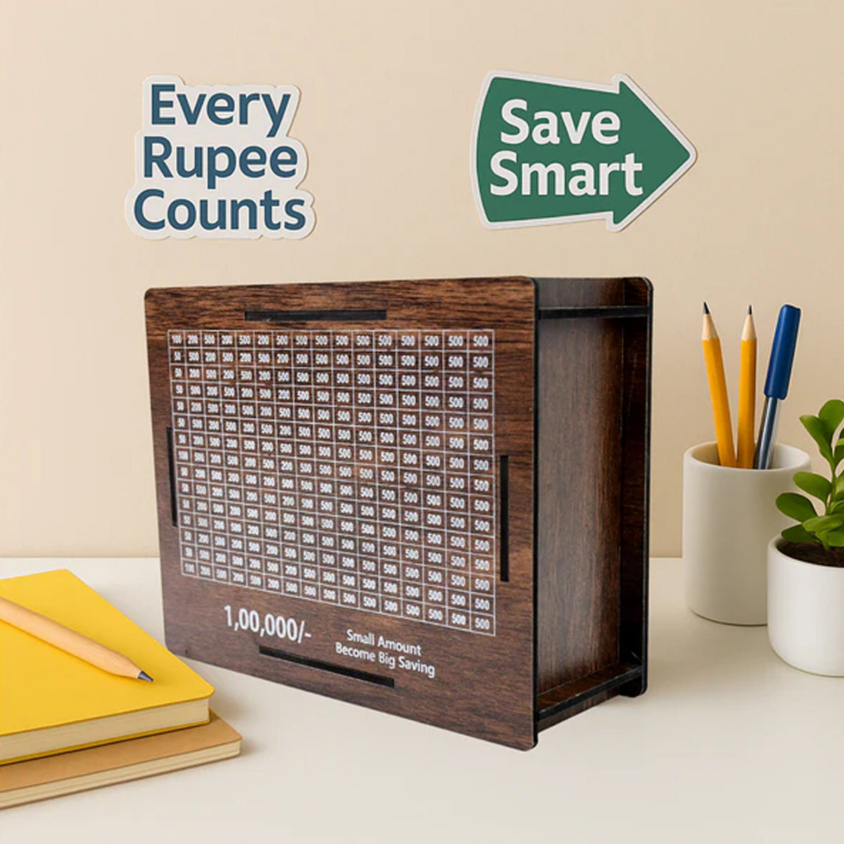 Big Wooden Savings Challenge Money Bank/ Piggy Bank - (1 Pc) Motivational Piggy Bank with Tick-Off Tracker Grid & Transparent Display