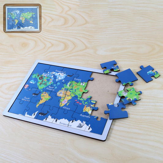 Educational Wooden World Map Puzzle For Kids - (1 Set) Colorful Geography Learning Toy with Continent Names & Animal Illustrations | Durable & Safe