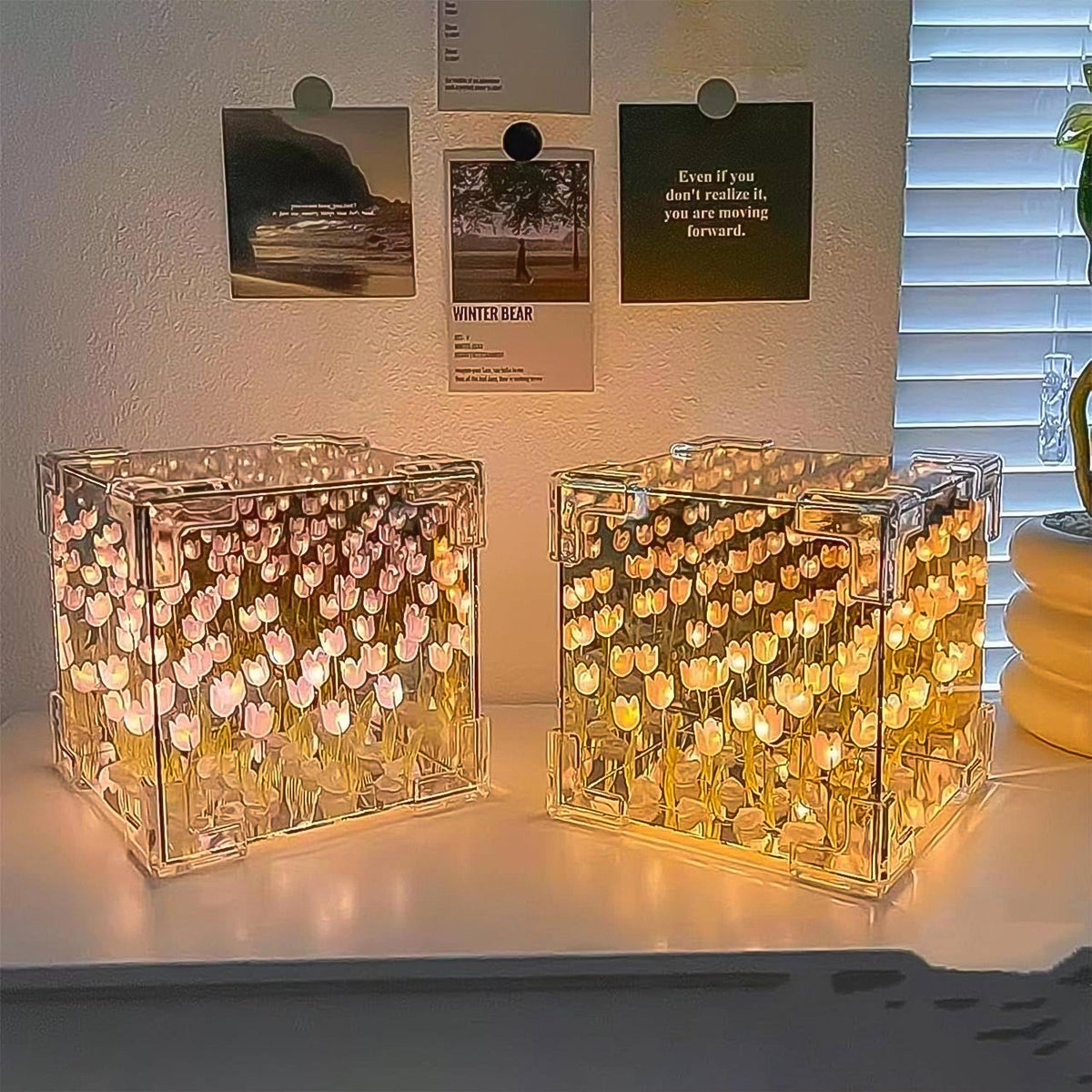 Cube Tulip Night Lamp | 2-in-1 Mirror & LED Decorative Table Lamp (Multicolor) Mirror by day. Magical tulip garden by night.