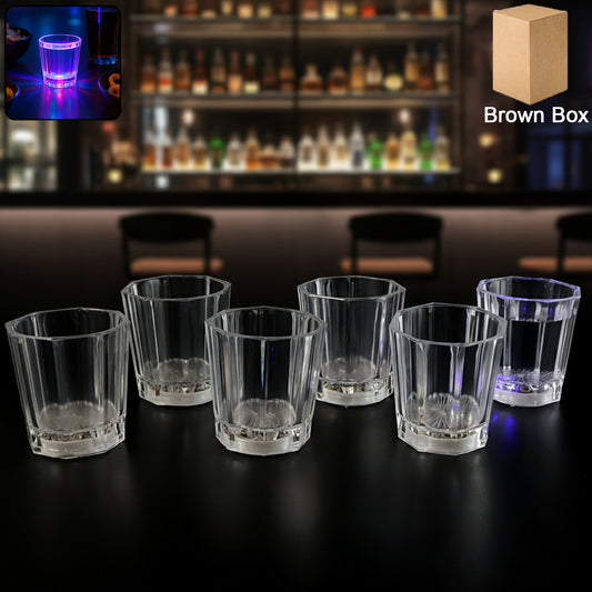 Premium LED Shot Glass Set of 6 Pcs for Party, Bar Counter & Home Celebrations with Faceted Design, Light-Up Base Effect & Brown Box Packing – Stylish Small Drinking Glasses