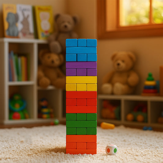 54-Piece Wooden Stacking Tower Game with Color Blocks & Action Dice (1 Set)