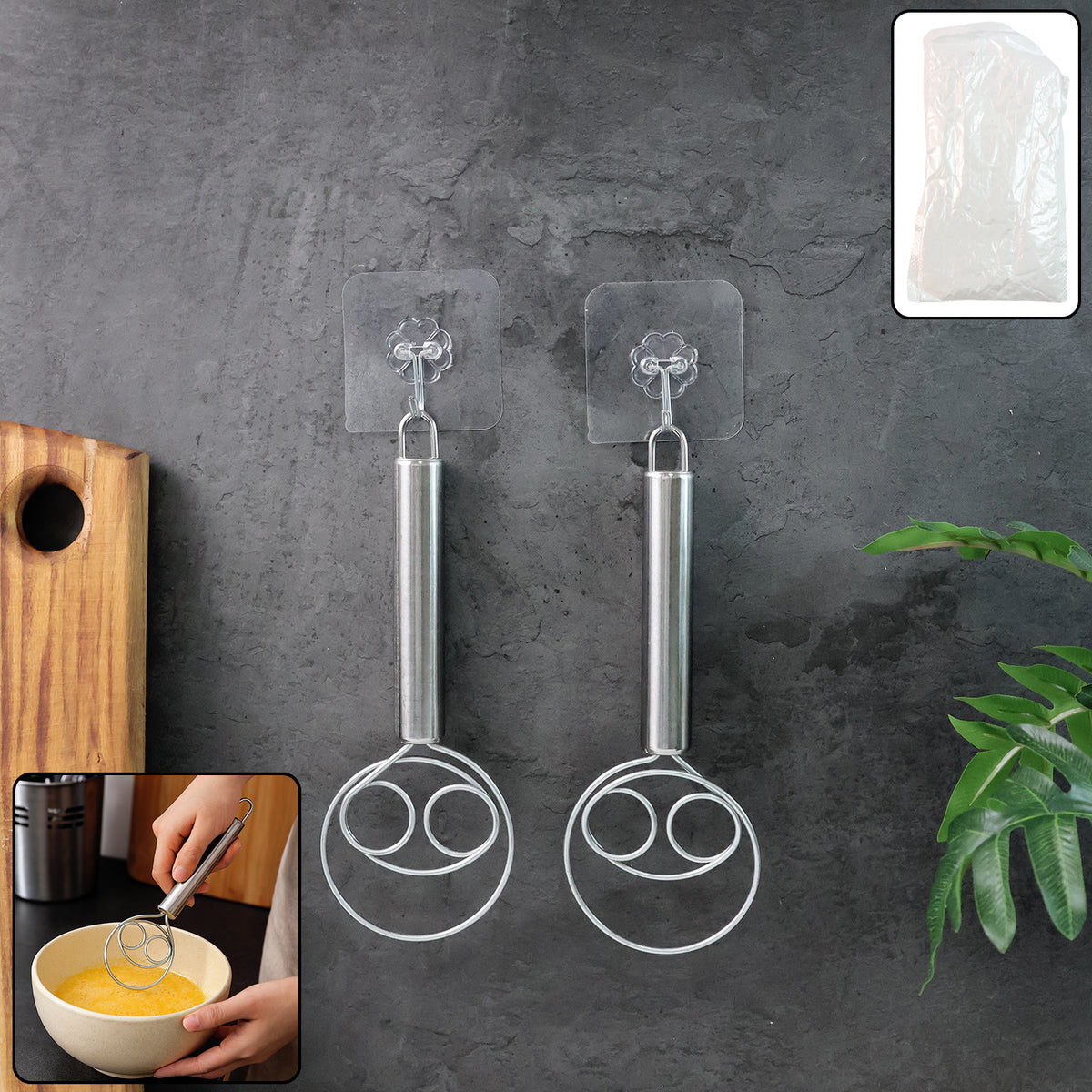 2-Piece Stainless Steel Spiral Hand Whisk Set with Wall Hooks