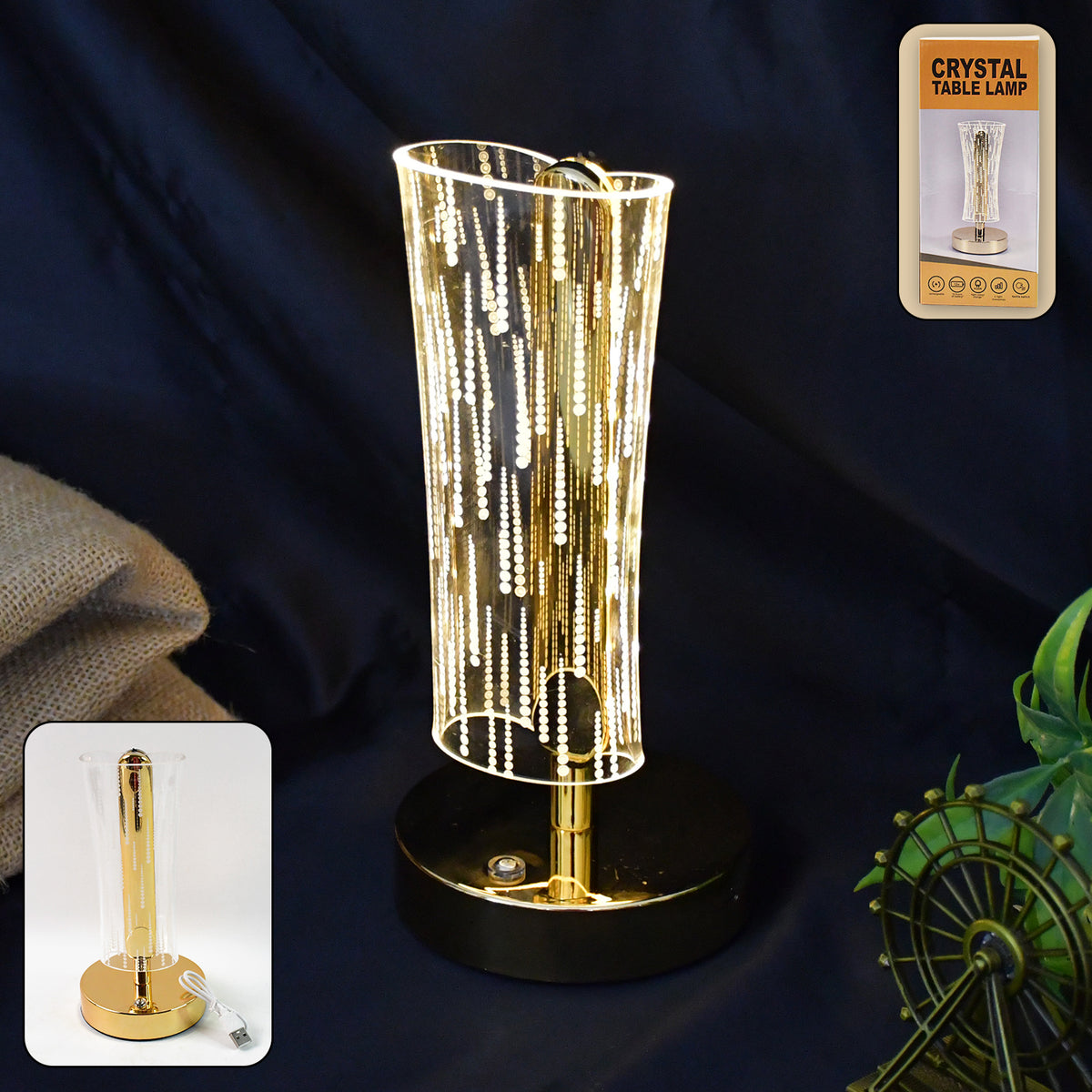 Luxury Crystal Table Lamp (1 Pc) | Elegant Cylindrical LED Design | USB Rechargeable Decorative Lamp