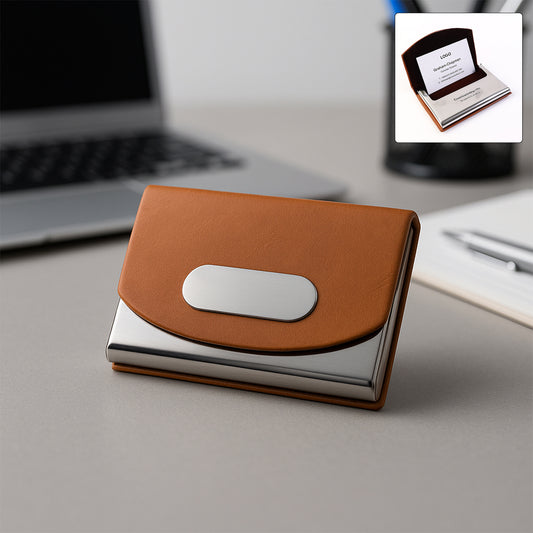 Leather & Stainless-Steel Business Card Holder (1 Pc) Elegant Visiting Card Case with Magnetic Closure | Slim Executive Design | Scratch-Resistant & High-Capacity