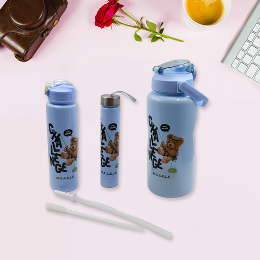 8403 Plastic Water Bottle 3pc Set3 Different Size Bottle High Quality Water Bottle Plastic Water Bottle Bpa-free Leak-proof Cartoon Printed Design For Kids School For Fridge Office Sports School Gym Yoga (3 Pc Set)