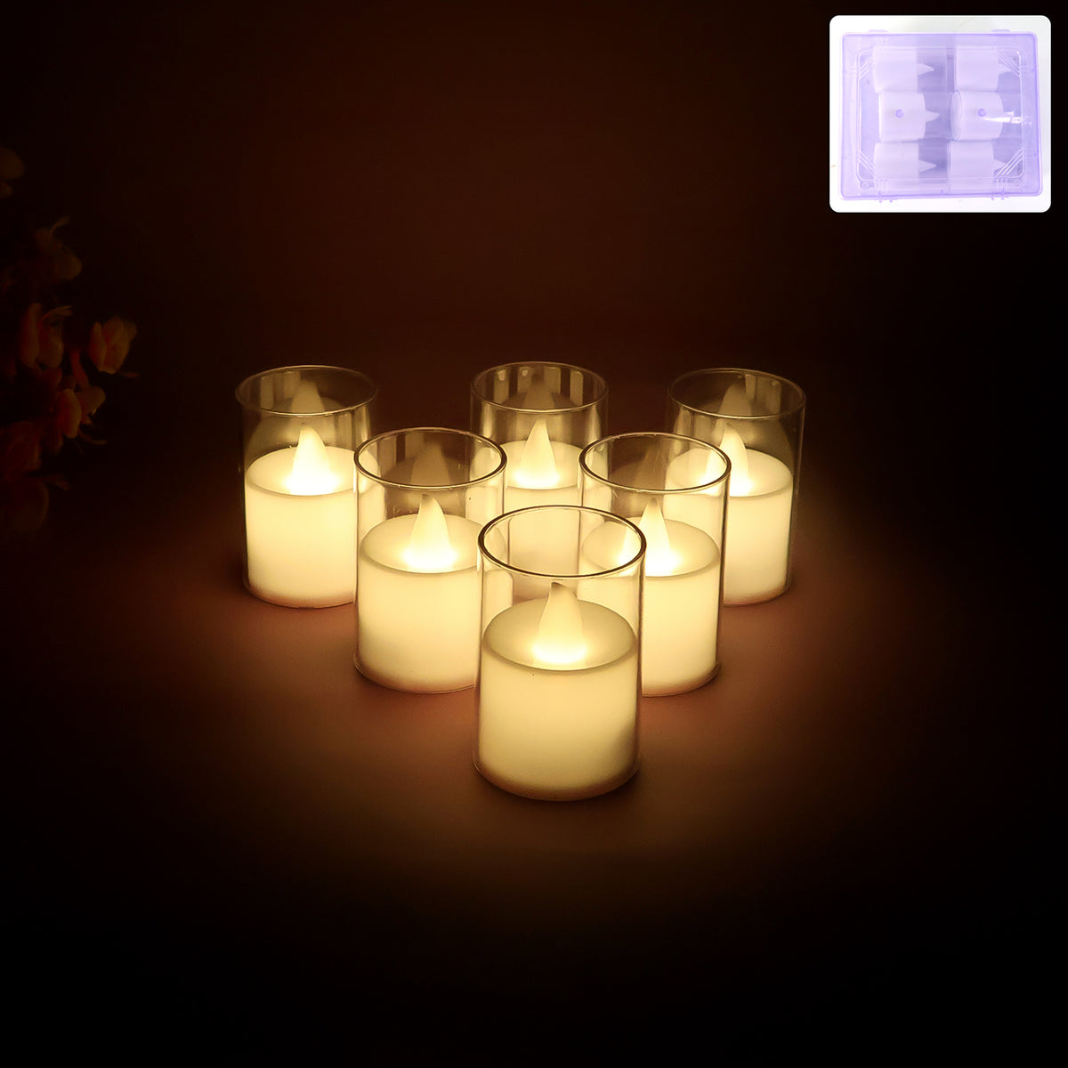 Flameless LED Votive Candles with Clear Cups – Pack of 6 | Battery-Operated | Smokeless | Safe Decorative Lights for Pooja, Mandir, Weddings & Festive Décor
