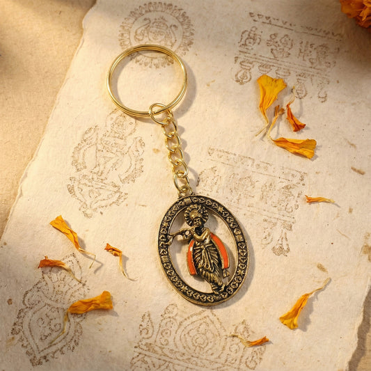 Metal Traditional Decorative Lord Krishna Keychain with Antique-Finish Oval Frame, Premium Religious Key Ring for Keys, Bags, Vehicles &; Gifting (1 Pc)