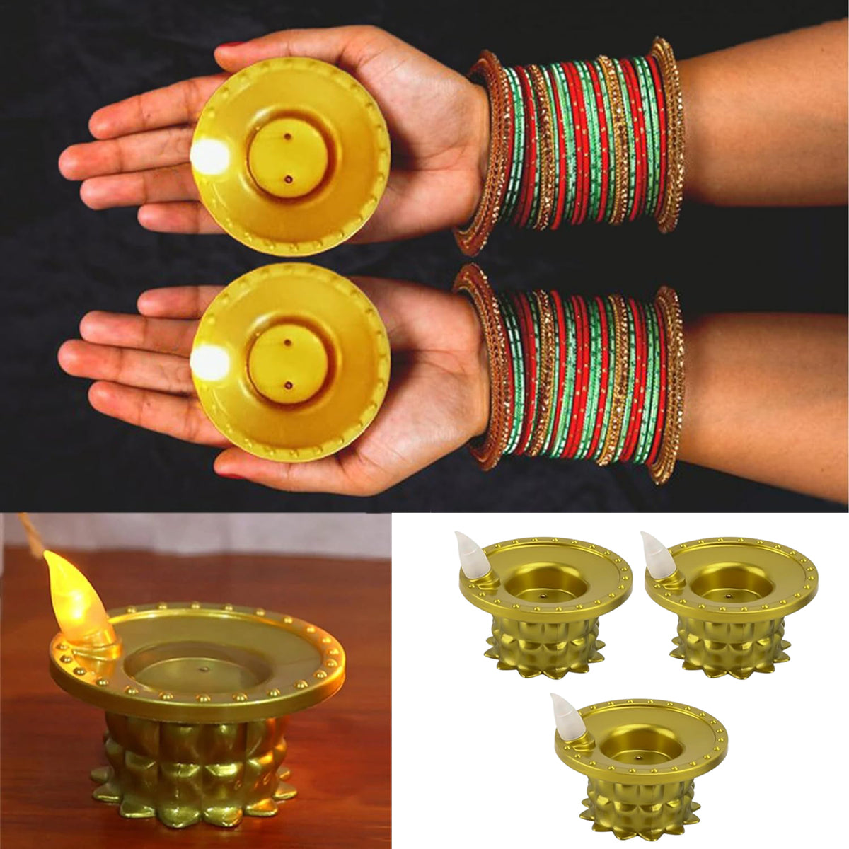 Set Of 3 Water Sensor Led Golden Diyas | Automatic Water-Activated • Flameless • Traditional Diwali & Pooja Décor