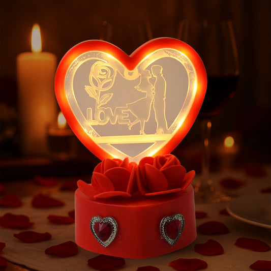 Heart-shaped Love Couple Decorative Showpiece with Red Rose Base & Crystal Heart Embellishments | Gift-Ready | 1 Pc (Battery Not Included)