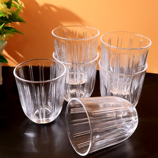 Premium Transparent Glass Tumbler Set – 6 Pcs Elegant Ribbed Design Drinking Glasses for Water, Juice and Beverages, Pure Glass – 256 ml Each